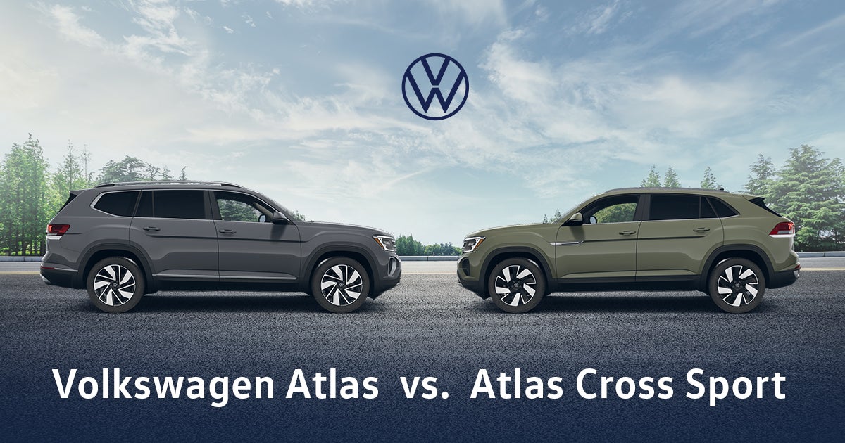 Gray VW Atlas on the left, Green VW Atlas Cross Sport on the right. At the bottom are the words Volkswagen Atlas vs Atlas Cross Sport